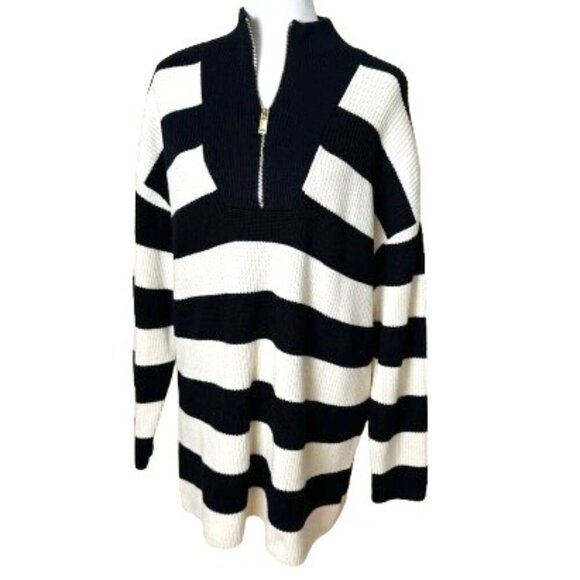EXPRESS Nautical Black & White Stripe Quarter Zip Sweater Size Medium - Picture 1 of 11